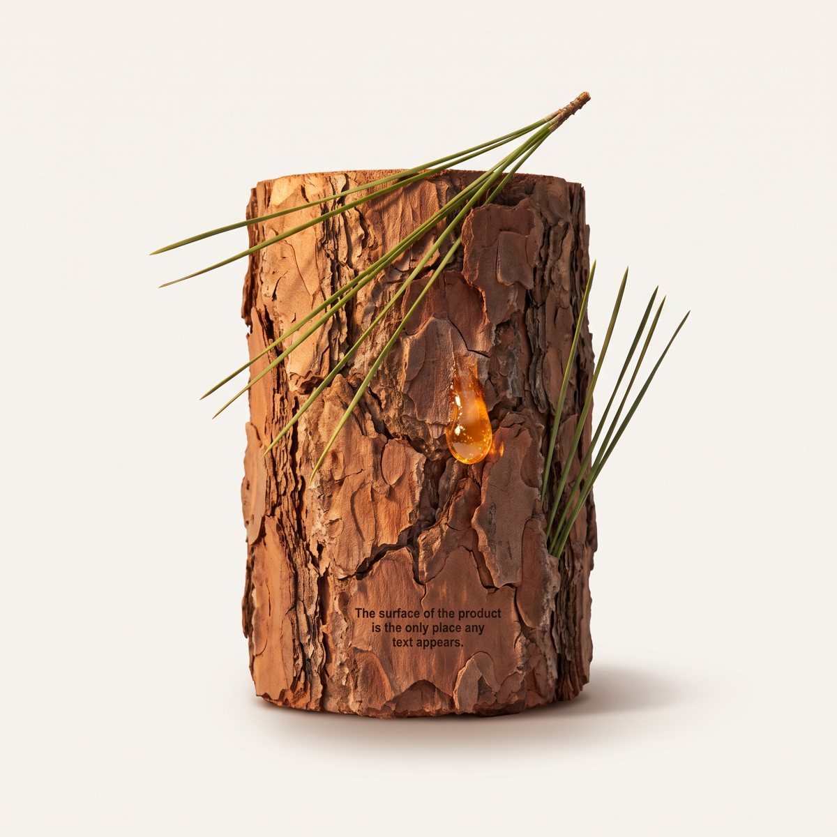 Pine needles and a bead of sap on plated bark