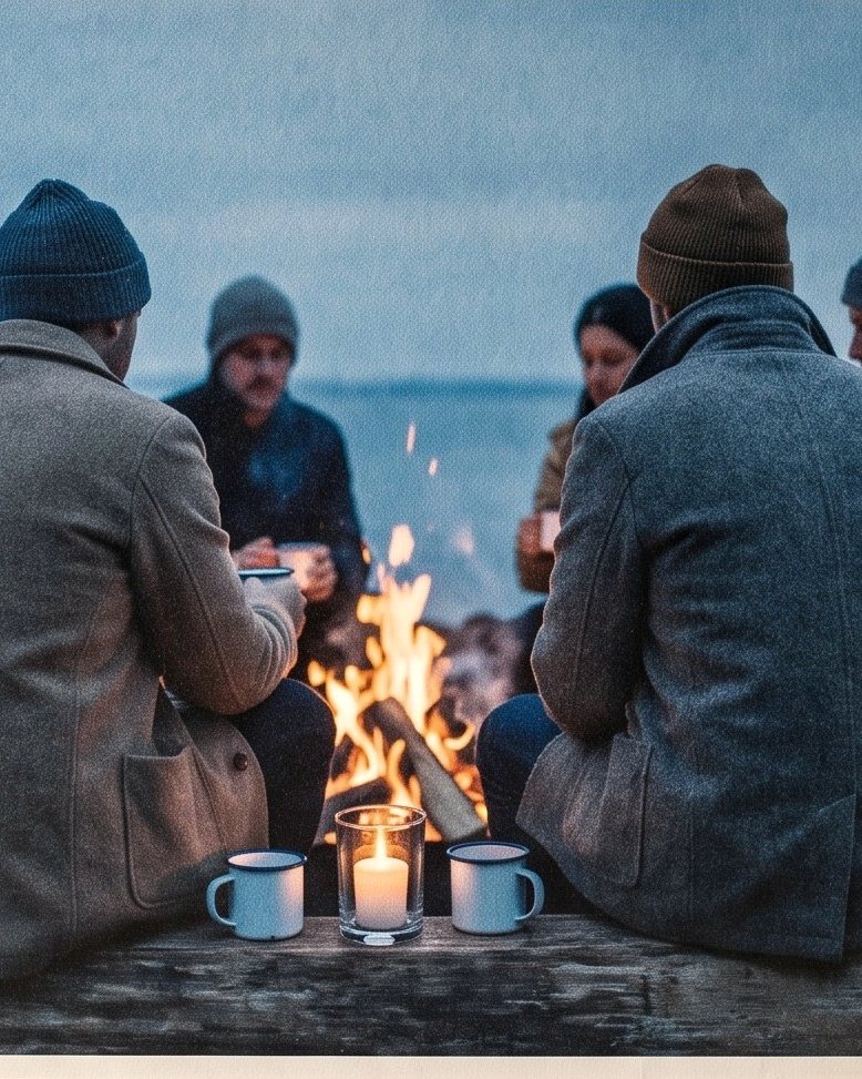 Five people in wool coats sitting around a small campfire at blue hour, a candle burning on the log between them
