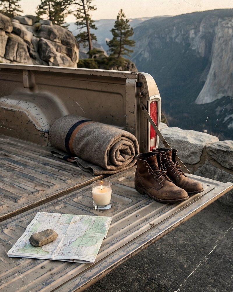 An open truck tailgate at a high pull-off with a folded map, a stone, boots and a lit candle