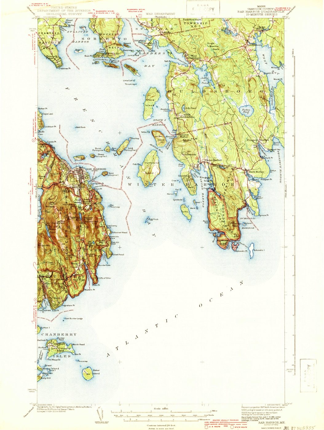 USGS Bar Harbor quadrangle sheet, 1942, Mount Desert Island